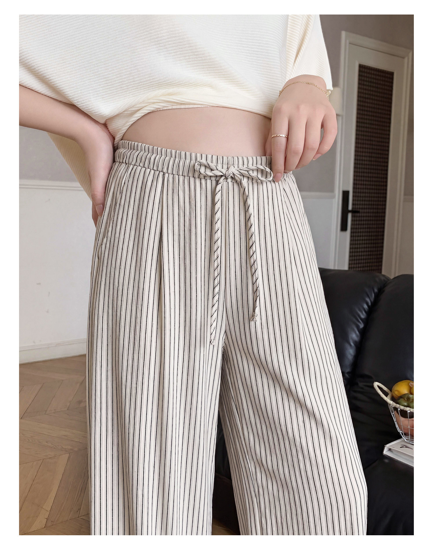 Zma Vertical Stripe Linen ● Maternity Pants Summer Thin Style 2026 Summer Collection Relaxed Loose Wide-Leg Pants Pregnancy Long Pants — 34
