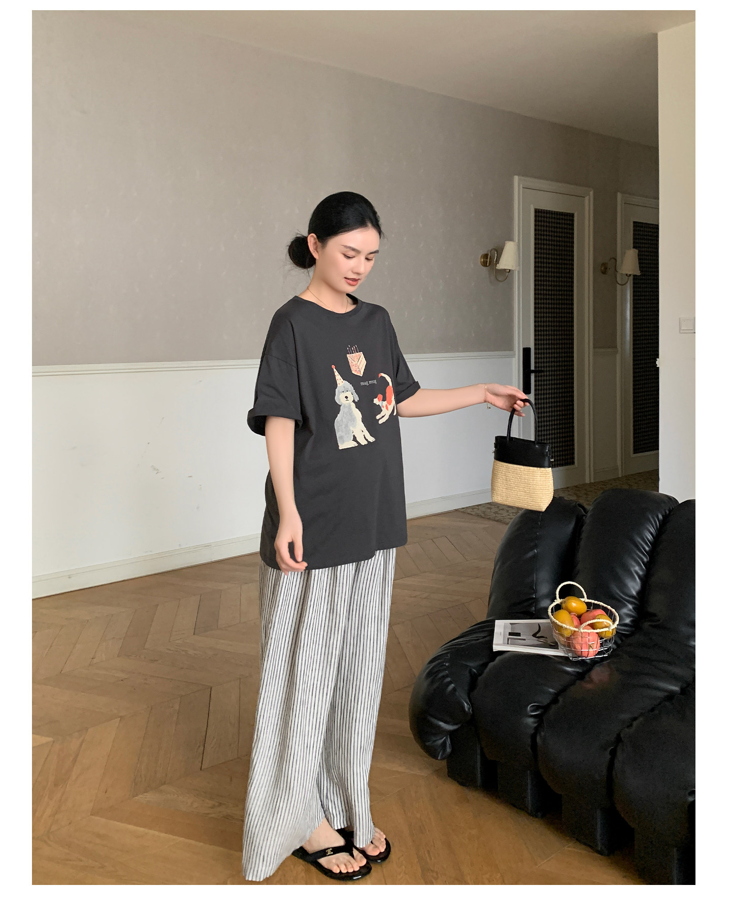 Zma Vertical Stripe Linen ● Maternity Pants Summer Thin Style 2026 Summer Collection Relaxed Loose Wide-Leg Pants Pregnancy Long Pants — 28