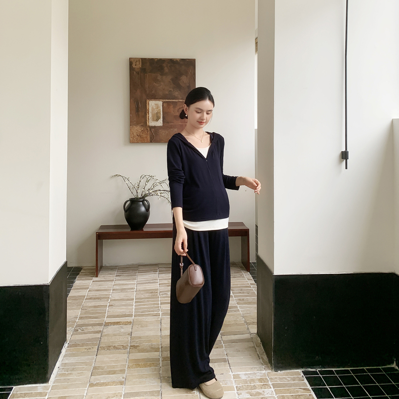 Zma Sports Casual Maternity Wear Set 2026 Autumn New Style Hooded Fake Two-Piece Top Loose Wide-Leg Pants