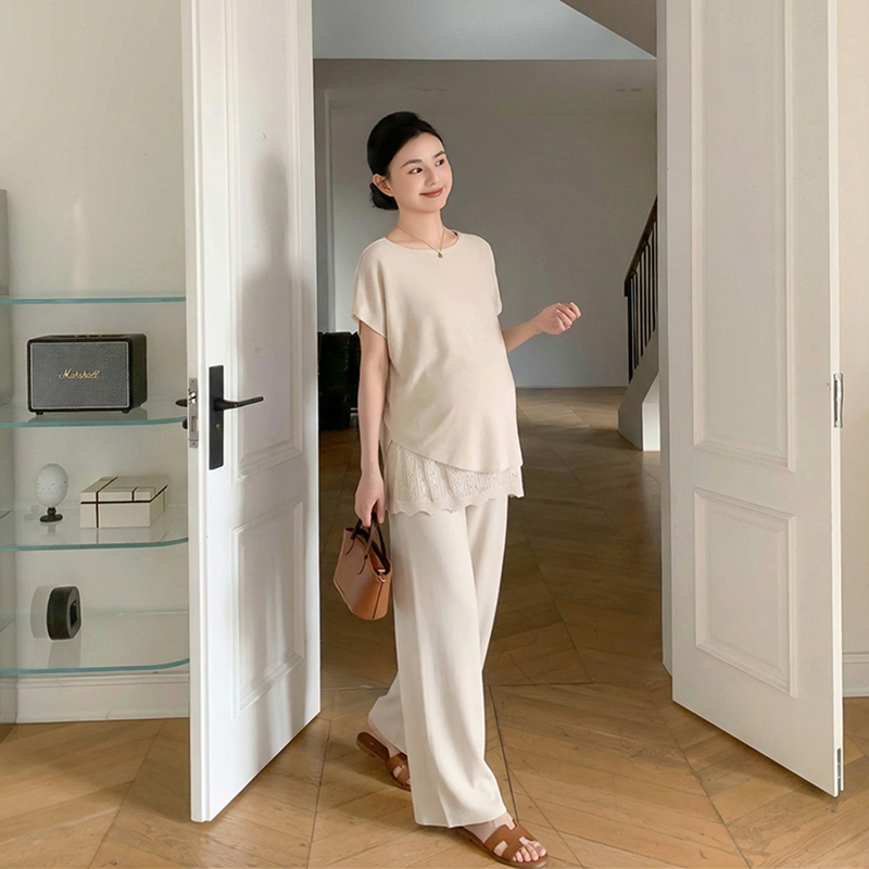 Zma Stylish Layered Maternity Outfit Set, New Summer Batwing Sleeve Short-Sleeve Top, Skirt, and Straight-Leg Maternity Pants