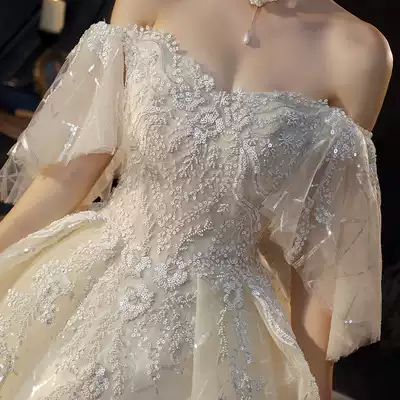 One-character shoulder wedding dress 2021 new bride tailing temperament Starry dream Super fairy pregnant woman cover pregnant belly high waist
