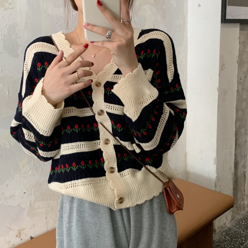 Korea Cherrykokov Collar Loose Striped Sweater Knit Cardigan Cute Embroidered Flower Jacket Top