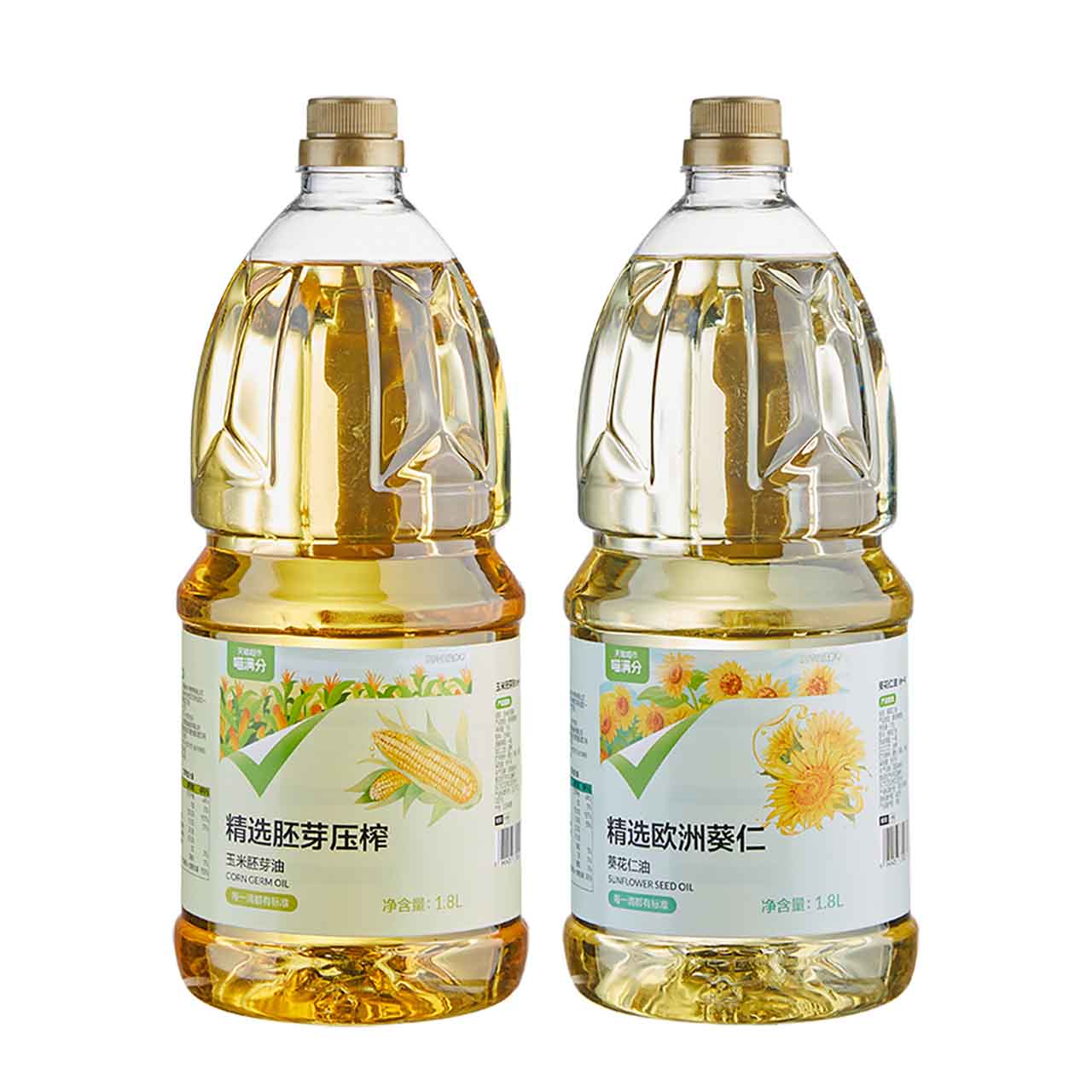 喵满分玉米油+葵花籽油 1.8L*2桶 一级压榨健康清淡食用油组合装