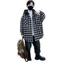 Ybetong Boy Autumn Winter Clip Cotton Plaid Jacket Medium Long Style Handsome 2023 New CUHK Children Winter Cotton Clos