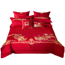 Mercury produces Belles wedding four-piece set pure cotton wedding dragon and phoenix set pure cotton red festive bed sheet and quilt cover