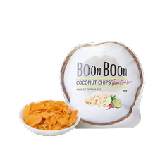 La noix de coco Boonboon est pleine de flocons de noix de coco au goût Tom Yum importés de Thaïlande paquet de 40 g x 2 collations non frites.