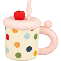 Modern Housewife Ceramic Mug Polka Dot Creative Cup Breakfast Cup Womens Straw Cup with Lid High-Looking Drinking Cup
