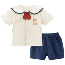 Baby short-sleeved college style summer suit thin section male and female baby fashionable tops and pants casual two-piece set