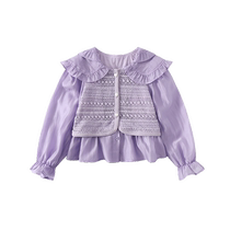 Ueki childrens clothing splicing fake two-piece puff sleeve lapel girls shirt for middle and older children 2024 spring new style childrens fashion
