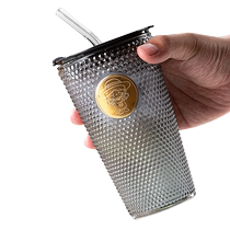 Green apple straw cup gray Starbucks cup mark gray 1 glass cup with lid coffee cup drinking cup office