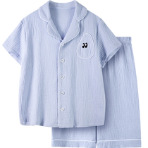 euv childrens pajamas pure cotton boys summer gauze short-sleeved girls summer high-end home clothes set for middle and older children