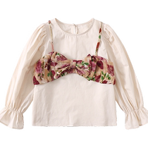 Ueki childrens clothing bow small suspenders pleated floral girls shirt medium and large children 2024 spring new style childrens fashion