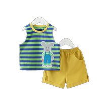 Qiqi Bear baby vest suit boys summer two-piece set childrens yarn-dyed striped vest shorts thin