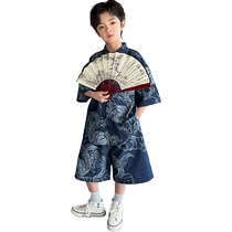 Miaowei boys denim suit summer 2024 new trendy childrens fashion national style tops medium and large childrens casual clothes