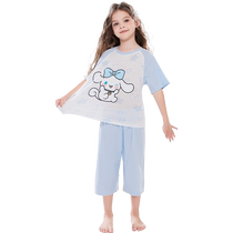 (Cropped Pants) Girls Modal Childrens Pajamas Summer Thin 2024 New Little Girls Short-Sleeved Home Clothes