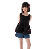 Ueki childrens clothing retro ruffled large U-neck suspender girls vest medium and large children 2024 summer clothing new childrens trend