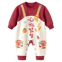 New Years baby clothes autumn and winter outings for New Years holidays two-piece cotton jumpsuits for newborns red one-year-old clothes