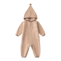 Manxi baby hooded jumpsuit Tencel light fu warm fleece baby autumn and winter outdoor warm jumpsuit milk tea color