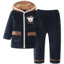 Childrens pajamas boys winter plus velvet thickened childrens three-layer quilted winter coral velvet boys flannel autumn and winter