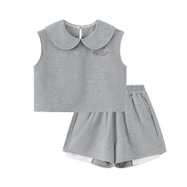 Ueki childrens knitted suit navy collar sleeveless one button girls plaid T-shirt shorts 2024 summer new style