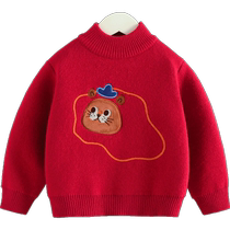 (One-piece fleece) Qiqi Bear Baby Half Turtleneck Sweater Autumn and Winter Boys Red Knitted Sweater Baby New Year Clothes