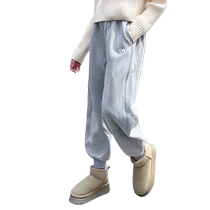 Xiaoding Youyou Girls Sweatpants 2024 Autumn and Winter New Childrens Clothes Smiling Face Print Childrens Velvet Thickened Sports Pants
