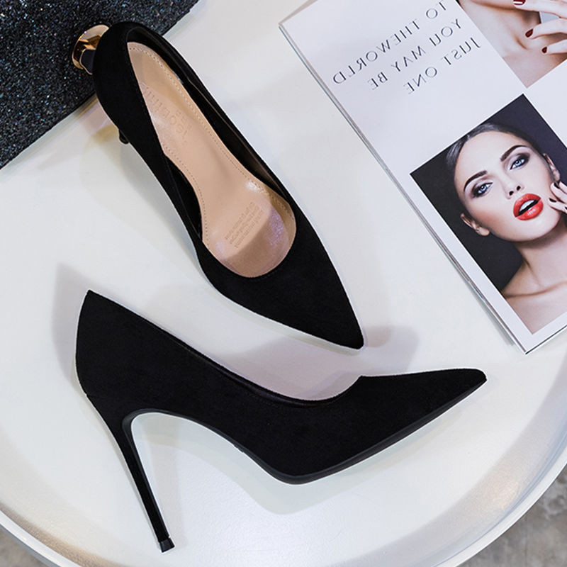 Black Suede High Heels Women's Stiletto Professional Work Interview Formal Wear 7Cm5Cm Girl Etiquette Small Size Flats