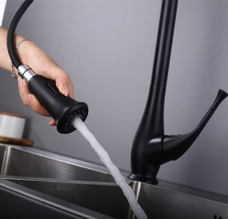 All copper modern black kitchen faucet wash pot can pull sink cool and hot water ceramic single hole rotating valve core