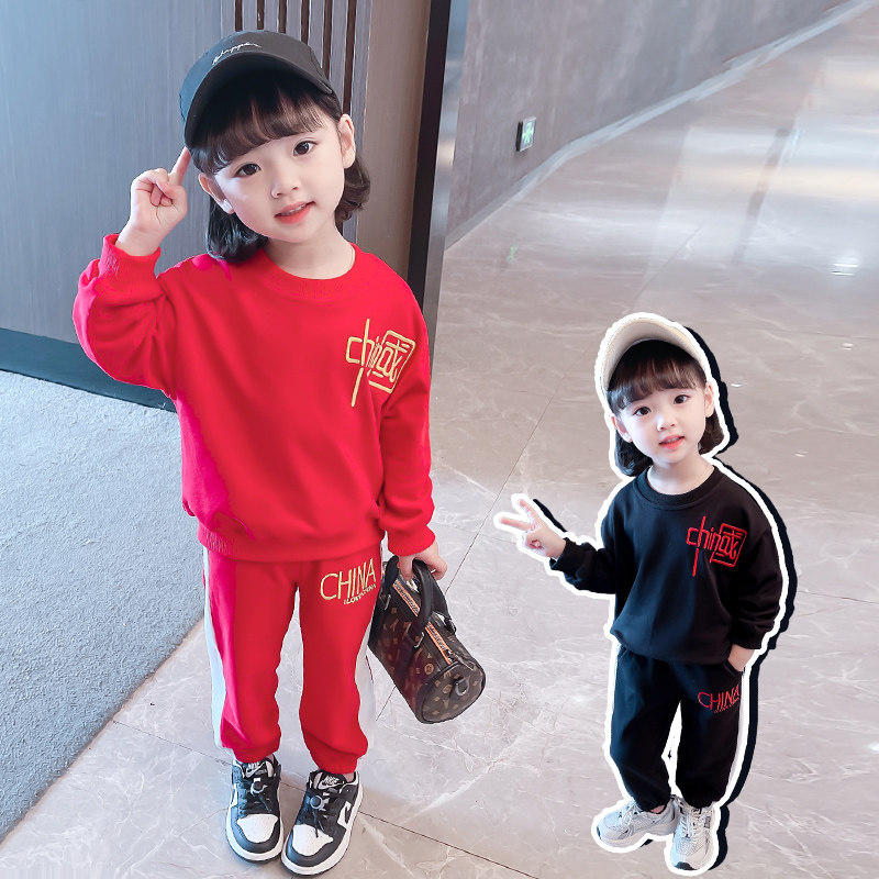 Girls autumn long-sleeved red suit baby girl foreign style fashionable Chinese clothes children's spring and autumn two-piece set
