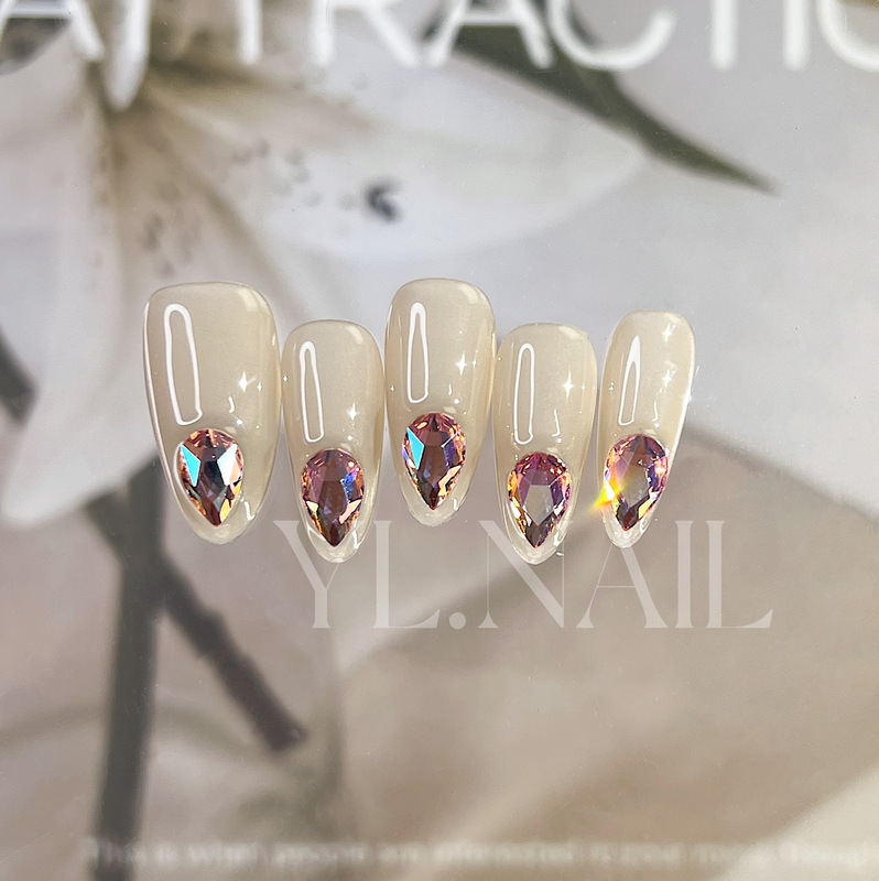 【Yl.Nail Xiguangxia-Huazi】Handmade Nail Tips with Unique Shimmering Powder and Swarovski Water Drop Design for Wearable Nails