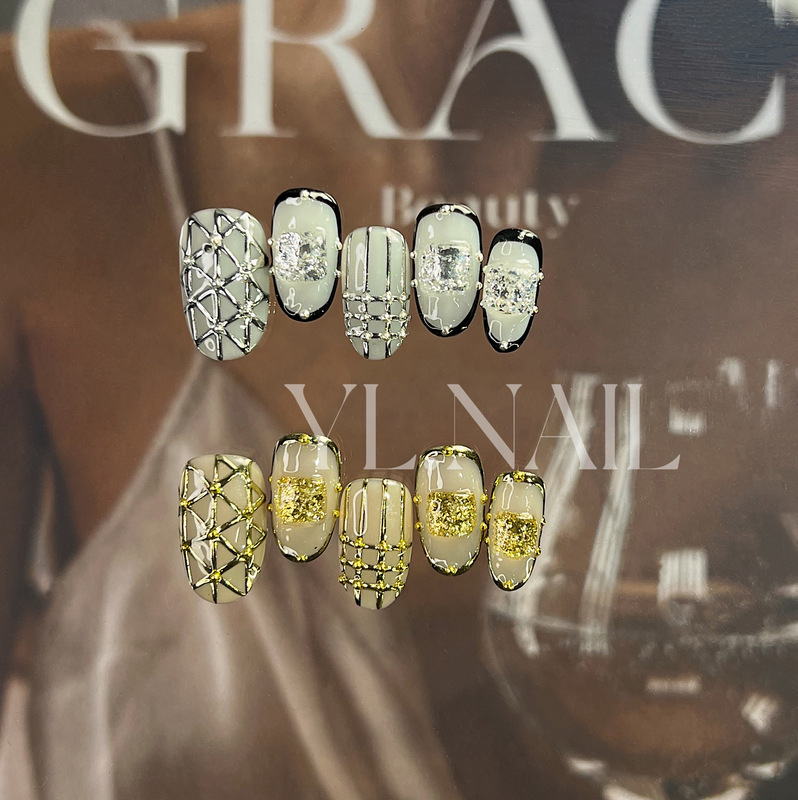 【Yl.Nail Formula】Handmade Nail Tips ins Unique Hand-Painted Line Gold and Silver High-End Japanese Style Wearable Nails