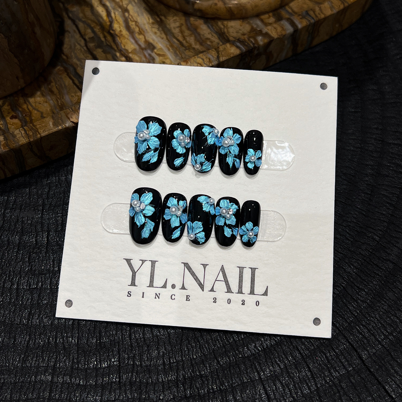 【Yl.Nail Morpho Blue】Handmade Nail Tips ins Unique Hand-Painted Embossed Flowers Brighten Skin Tone Autumn and Winter Wearable Nails 【Yl.Nail Morpho Blue】Handmade Nail Tips ins Unique Hand-Painted Embossed Flowers Brighten Skin Tone Autumn and Winter Wearable Nails