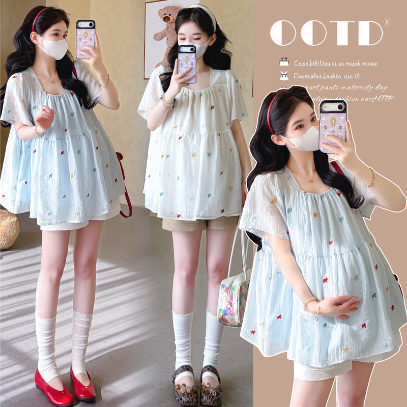 Plus-Size Maternity Shirt, New Summer Korean Style, Pony Embroidery, Square Collar, Loose and Sweet Babydoll Top 100kg Plus-Size Maternity Shirt, New Summer Korean Style, Pony Embroidery, Square Collar, Loose and Sweet Babydoll Top 100kg
