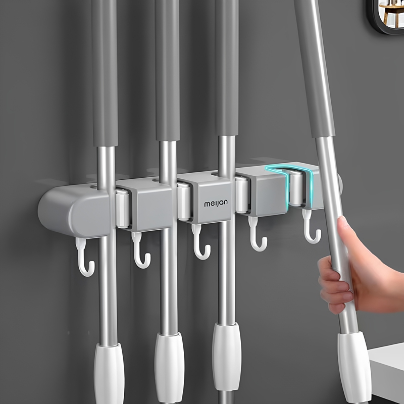 Multifunctional Mop Holder, No-Drill Installation, Neatly Stores Mops and Other Cleaning Tools, Easy to Access, Saves Space Multifunctional Mop Holder, No-Drill Installation, Neatly Stores Mops and Other Cleaning Tools, Easy to Access, Saves Space