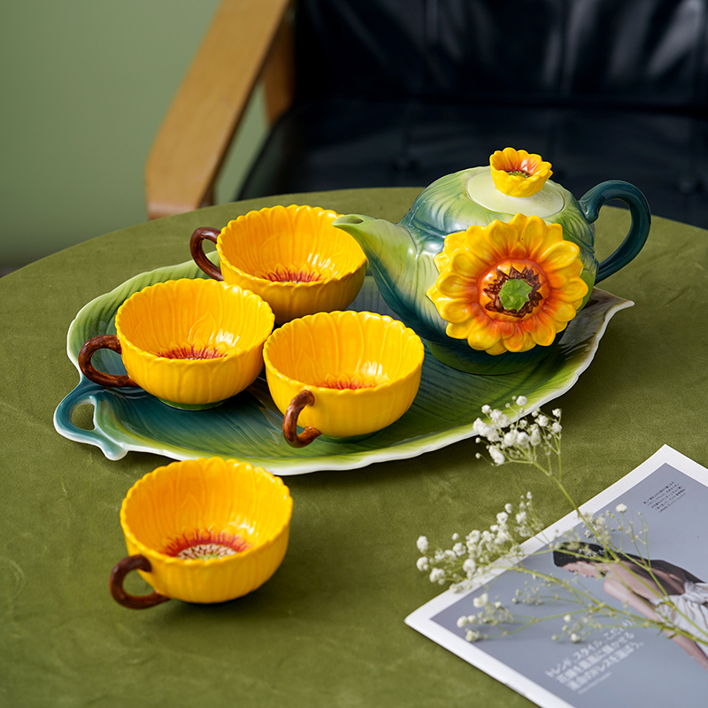 Enamel Sunflower Tea Set 2024 New Model Teapot for Brewing Tea at Home Kung Fu Tea Tray Tea Cup Ceramic Flower Tea