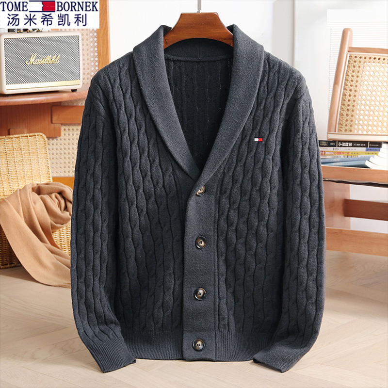 Tommy Hikelly Vネック厚手カーディガン メンズ ウールコート ケーブル刺繍 セーター 暖かいニット服