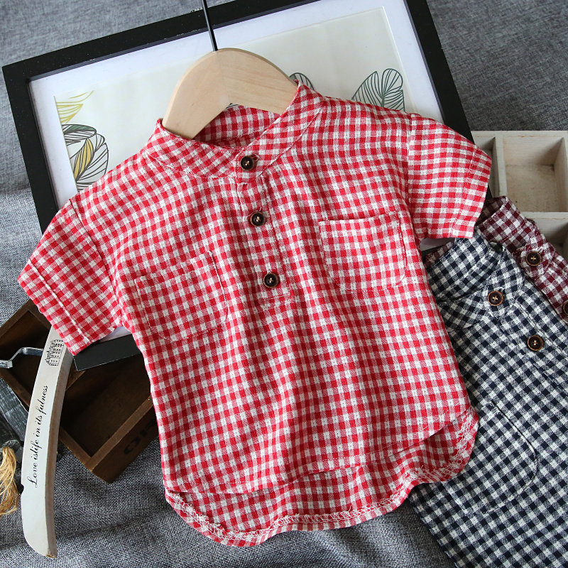 Clear Cabin Boy Clothing Baby Short Sleeve Shirt Boy Girl Girl Plaid Shirt Children Han Version Cotton Linen Short Sleeve Shirt 244-Taobao