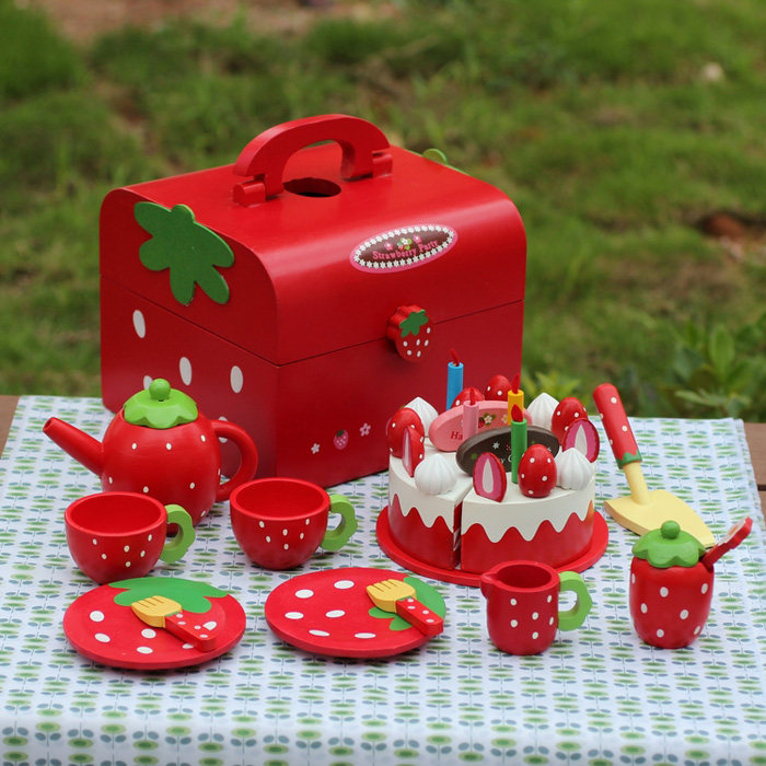 Wooden strawberry cake cut to see happy home girl toy kitchen set wooden children's birthday gift