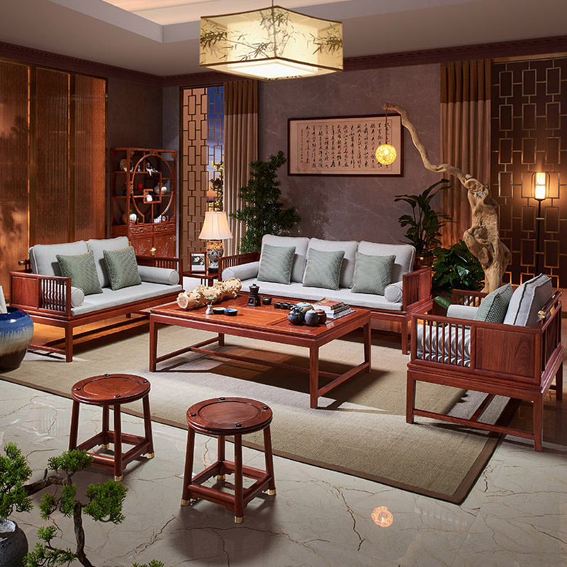 Solid wood sofa combination rosewood new Chinese living room hedgehog red sandalwood mahogany furniture whole solid wood fabric sofa