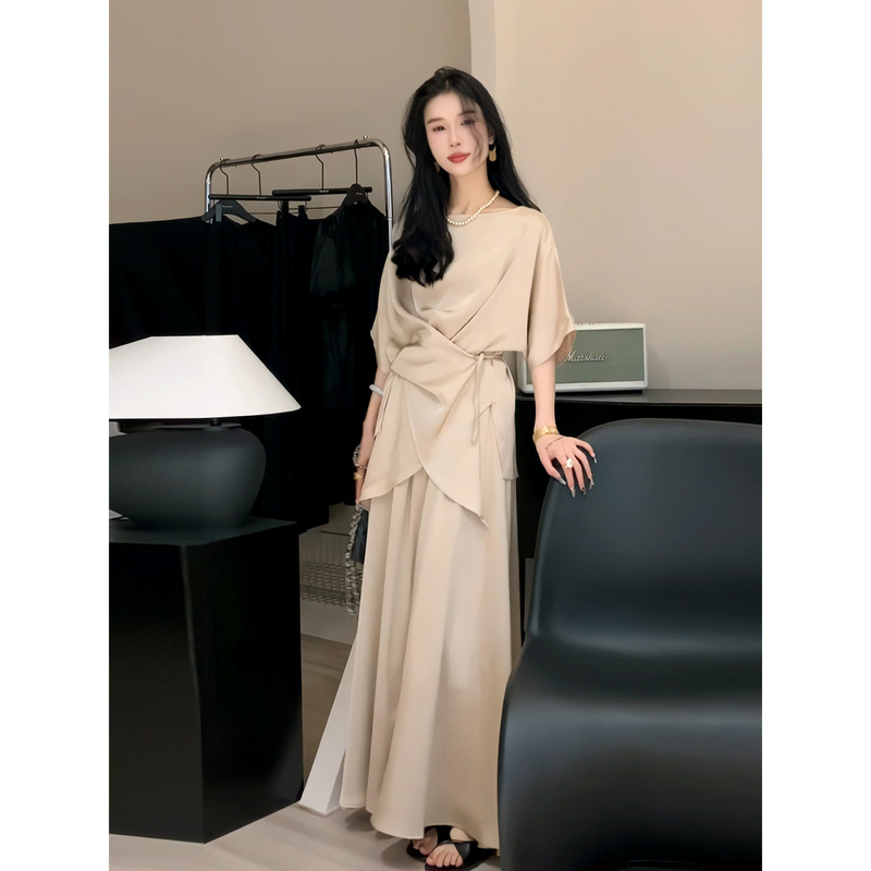 Plus Size Women's Cross-Tie Shirt and Skirt Two-Piece Set, Belly-Covering Half-Dress Suit for Summer
