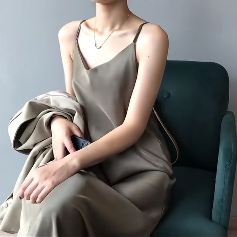 Plus-Size Women's French-Style Silk Satin Slip Dress 2026 Spring/Summer Collection, Elegant Base Long Dress for Curvy Women