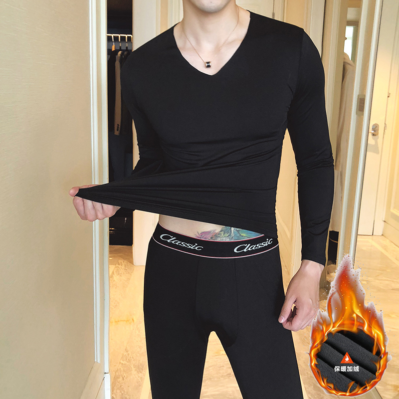 Winter men's autumn clothes sanitary pants V collar tight without marks and velvety heat coat pants high elastic and thin individuality wave