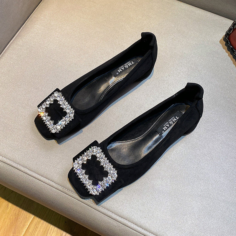 Suede small square head single-female 2021 new spring and autumn name Yuanyuan Temperament Buttons Water Drill Low Heel and Grandma