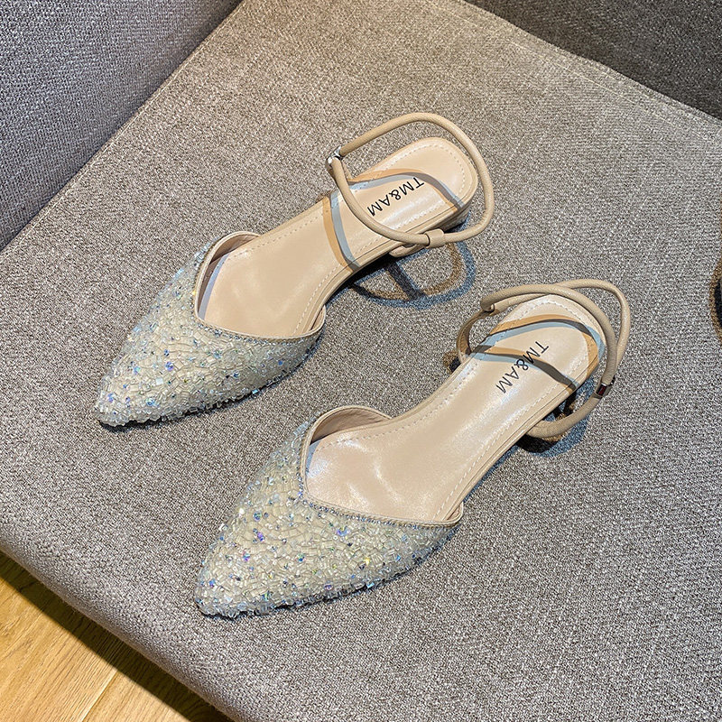 Pointed toe head female summer new fashion all-match fairy rhinestone one word with back empty low heel