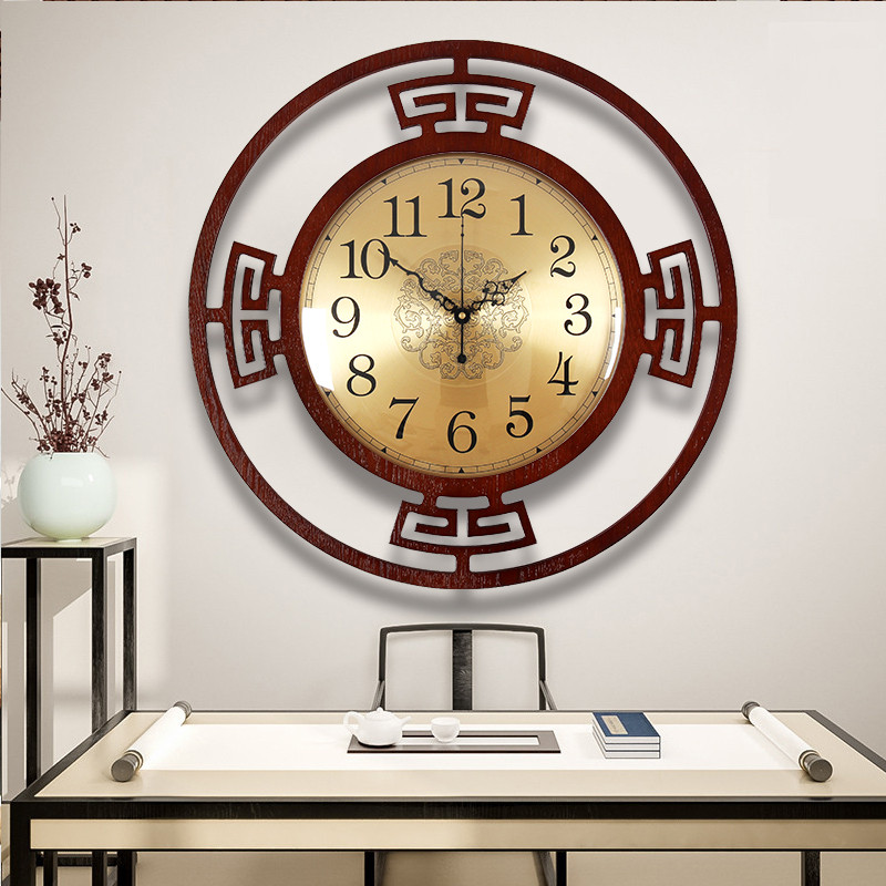 Chinese style hanging clock Living room China Wind and watch mute hanging table personality Fashion creative Home Decorative Round Wood Clock