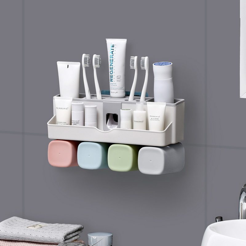Powder room Suction wall-free hole-free washing toothbrush holder Toothpaste extruder Brushing cup set Wall-mounted toothbrush storage