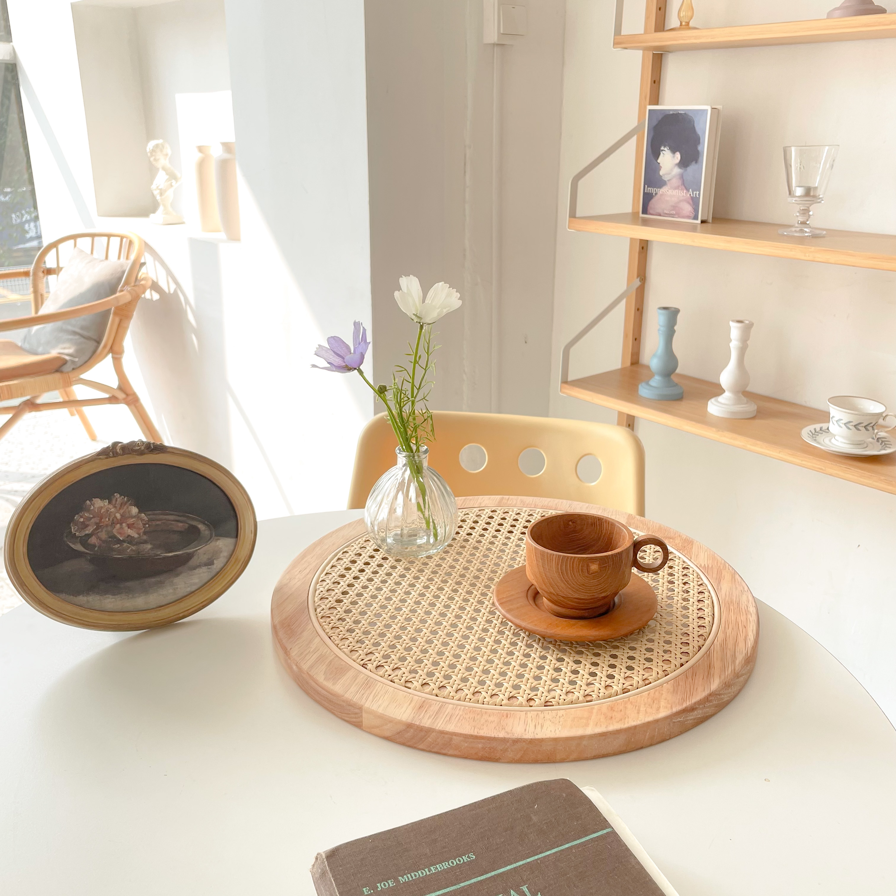 Korean ins solid wood rattan dinner plate afternoon tea decoration decoration round physical tray rectangular oval plate