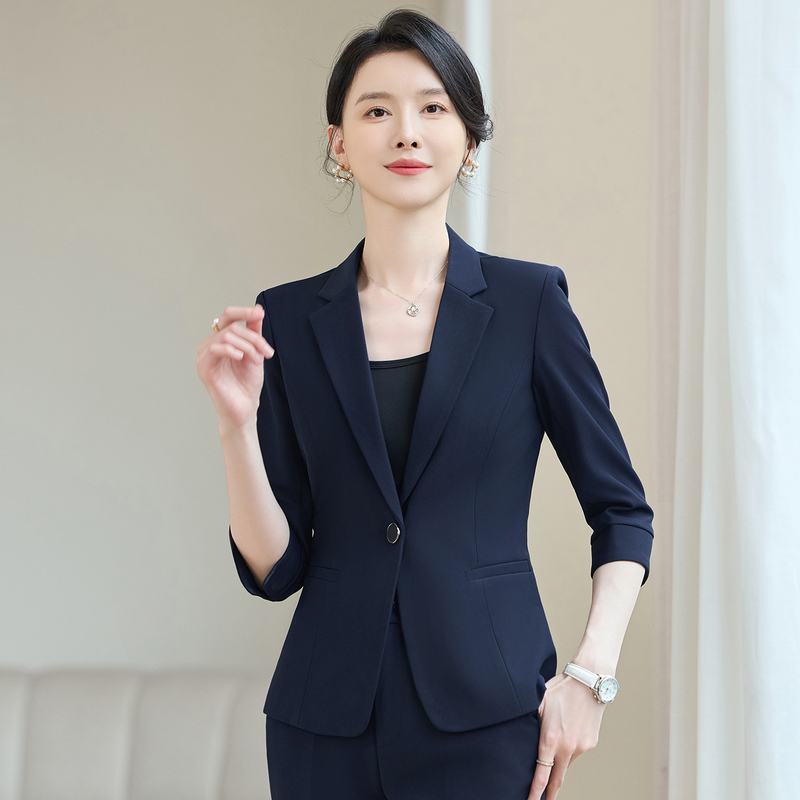 Slim-Fit Women's Blazer with Three-Quarter Sleeves, Mid-Sleeve Professional Formal Business Suit Jacket, Hotel Front Desk Sales Formal Wear, Stretchy Slim-Fit Women's Blazer with Three-Quarter Sleeves, Mid-Sleeve Professional Formal Business Suit Jacket, Hotel Front Desk Sales Formal Wear, Stretchy