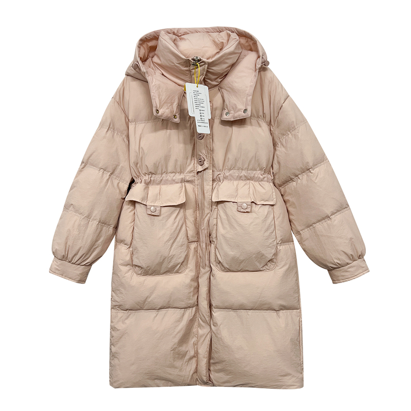 2025 Autumn/Winter New Pink down Jacket for Women, Long Over-The-Knee Korean Style, Sweet and Youthful, Loose Fit, Thickened, Waist-Cinching Coat