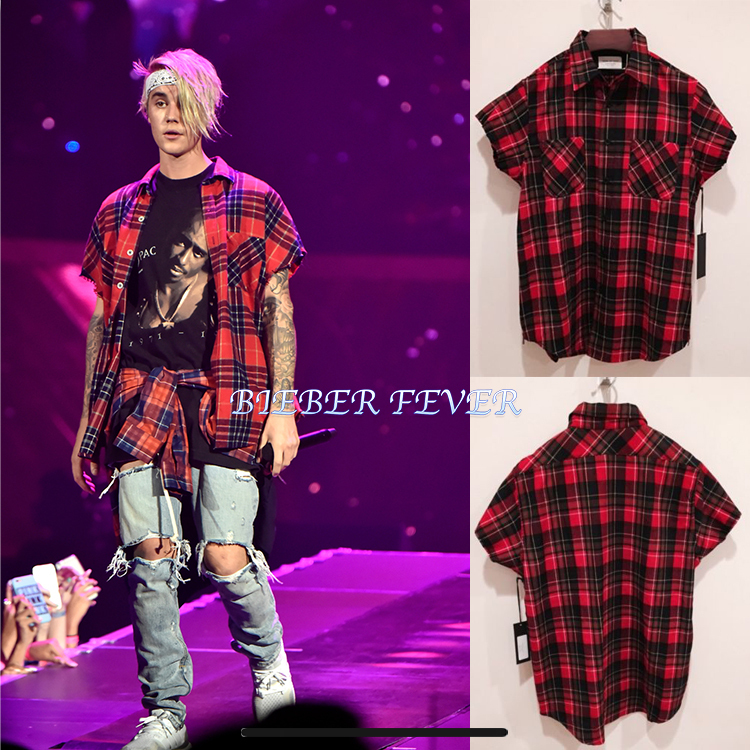 Justin Bieber's Same Style Red Plaid Shirt with Zipper Side Opening, Worn at His Concert